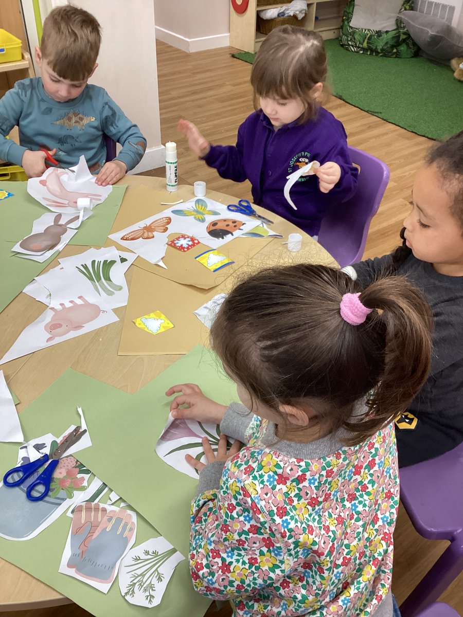 Pre-school are having a fantastic time learning about Spring as they are making a Spring collage - Fine motor skills, early writing skills, understanding the world around them, mixed media and materials, colour changing, changing of the seasons, Early growth.