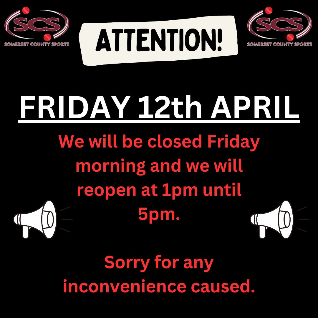 We will be closed tomorrow morning, Friday 12th April. We will reopen at 1pm on Friday until 5pm. We apologise for any inconvenience caused! 🏏