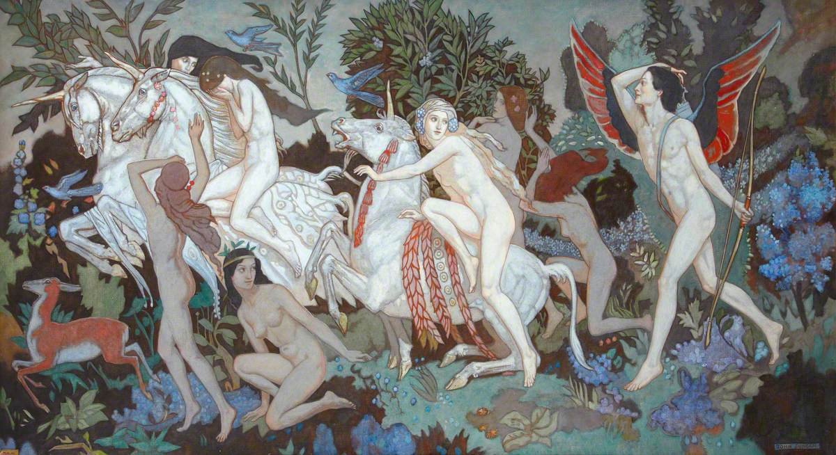 Today on the #OnlineArtExchange we are celebrating the reopening of @PerthMuseumUK and their Unicorn exhibition with mythical art. We share the aptly titled 'Unicorns' by John Duncan (1866–1945) from @EdinburghUni @artukdotorg