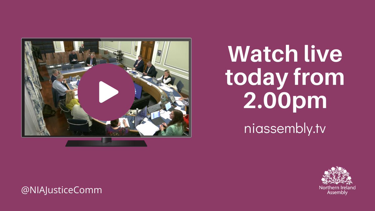 Watch the Committee for Justice meeting live today at niassembly.tv. The public session is due to start at 2.00pm. 📃Agenda - aims.niassembly.gov.uk/assemblybusine… ⏩Forward work programme - niassembly.gov.uk/assembly-busin…