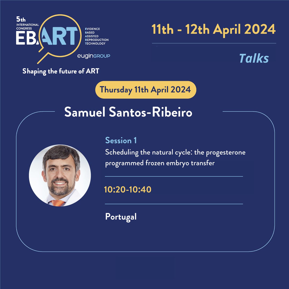 👋🏼Welcoming Dr. Samuel Santos-Ribeiro from Portugal.
He's presenting the third and last presentation of this first Session of #EBART2024 titled: 
📋'Scheduling the natural cycle: the progesterone programmed frozen embryo transfer.'

#ART #reproductivemedicine