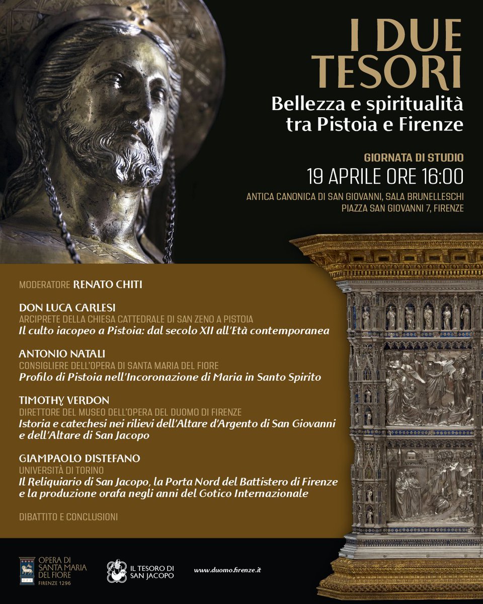 Siamo felici di invitarvi alla #GiornatadiStudio I due Tesori: bellezza e spiritualità tra #Firenze e #Pistoia, che si svolgerà venerdì 19 aprile, alle ore 16:00, nella Sala #Brunelleschi dell’Antica Canonica di #SanGiovanni. Ingresso libero. 👉bit.ly/3QlpBUj