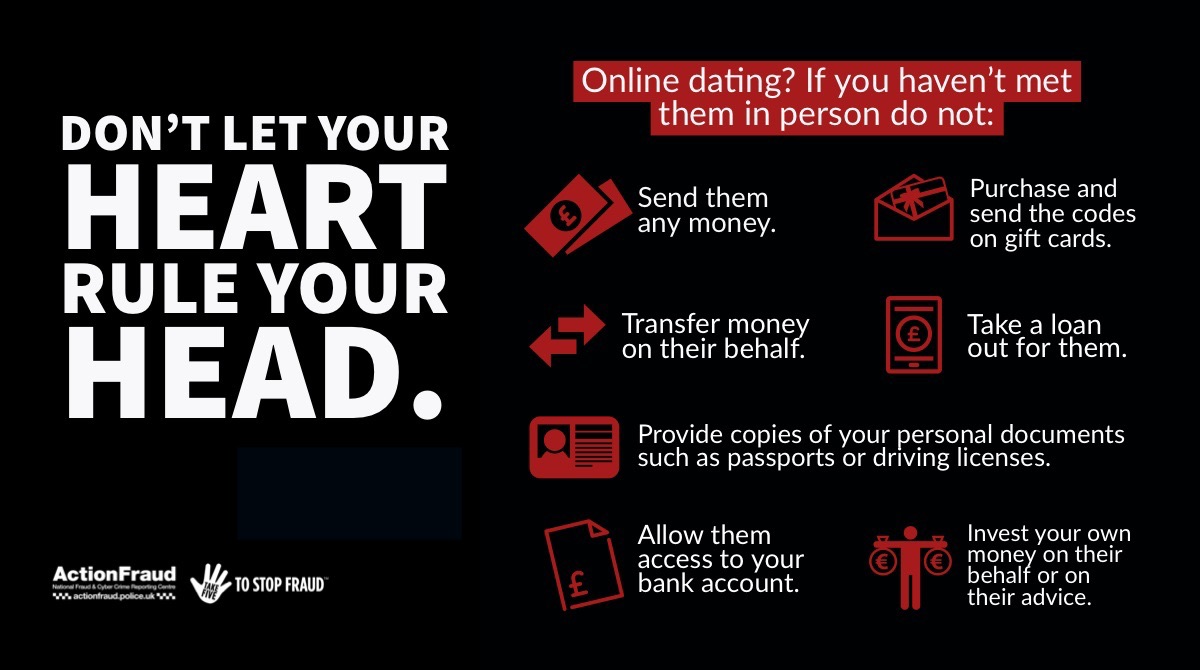 💕 Met someone online who's asking you for money? ⚠️Stop and think as it could protect you and your cash. 🧐Criminals are experts at impersonating people. They spend hours researching you for their scams, especially when committing #RomanceFraud. 🔗actionfraud.police.uk/romancefraud