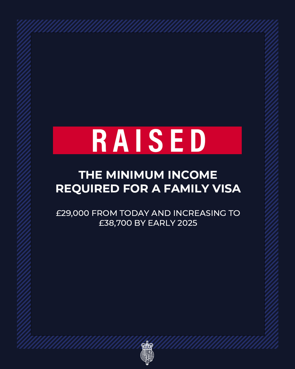 We’re delivering the biggest-ever cut in legal migration and an immigration system that works for the British people. We have increased the family visa minimum income requirement. This will ensure people only bring dependants to the UK they can financially support.