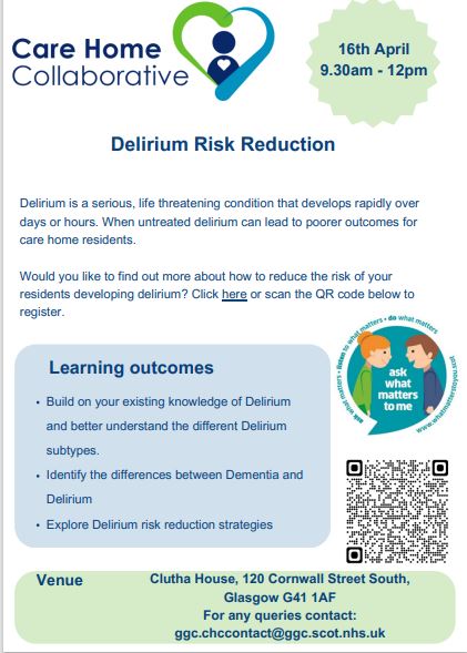 📢Calling all #carehome staff! New #delirium training available. Come and join us to learn how to prevent, identify and manage delirium. @MichelleHaddow3 @A_MacLullich @iDelirium_Aware 

Book your place here 👇nhsggc.scot/your-health/ca…