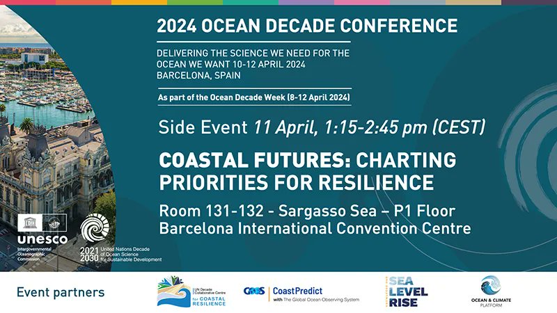 [#OceeanDecade24] 🔴Starting in few minutes 'Coastal futures: charting priorities for #resilience' 📍CCIB - Sargasso Sea👉Follow us live: youtube.com/live/_1n02mLAe… @jpioceans @GOOSocean @Unibo @CmccClimate @UNOceanDecade @IocUnesco @fugro