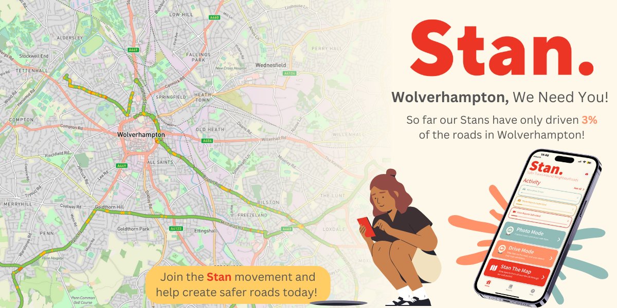 #Wolverhampton We Need You! 🫵 So far our Stans have only #driven 3% of your roads, download Stan the App today & be the change!📷 📢With Stan, every pothole you spot & report adds to a bigger voice. We're pooling all your reports to show road owners just how much needs fixing.