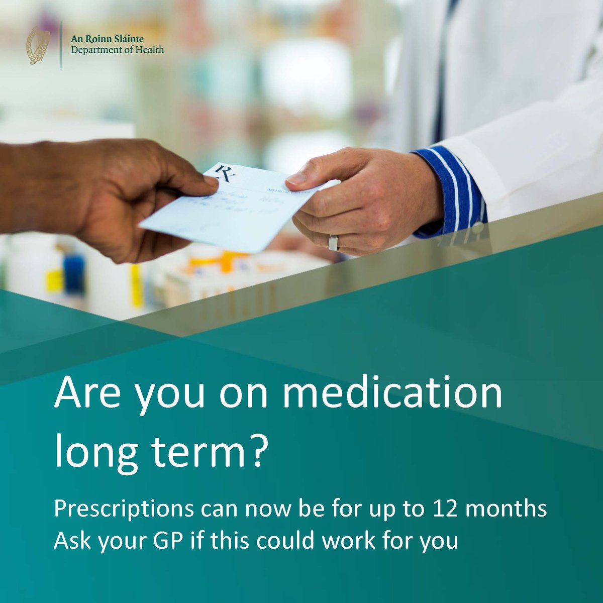 Are you taking long term medication? Prescriptions can be for up to 12 months. Depending on your health & medication this may work for you. Find out more at gov.ie/12monthprescri… #GP #Pharmacist