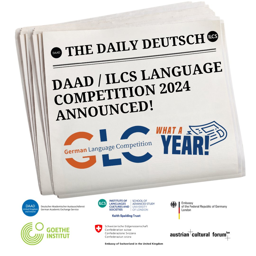 DAAD_UK_Ireland's tweet photo. 📣The DAAD/ILCS German Language Competition 2024 is live!
Become a reporter and write the front page of your own newspaper in the German-speaking world. The catch: This is the final edition of 2024!
All levels of German learners can win exciting prizes. https://t.co/nsrBwWQBuQ https://t.co/FvRBzv7XqN