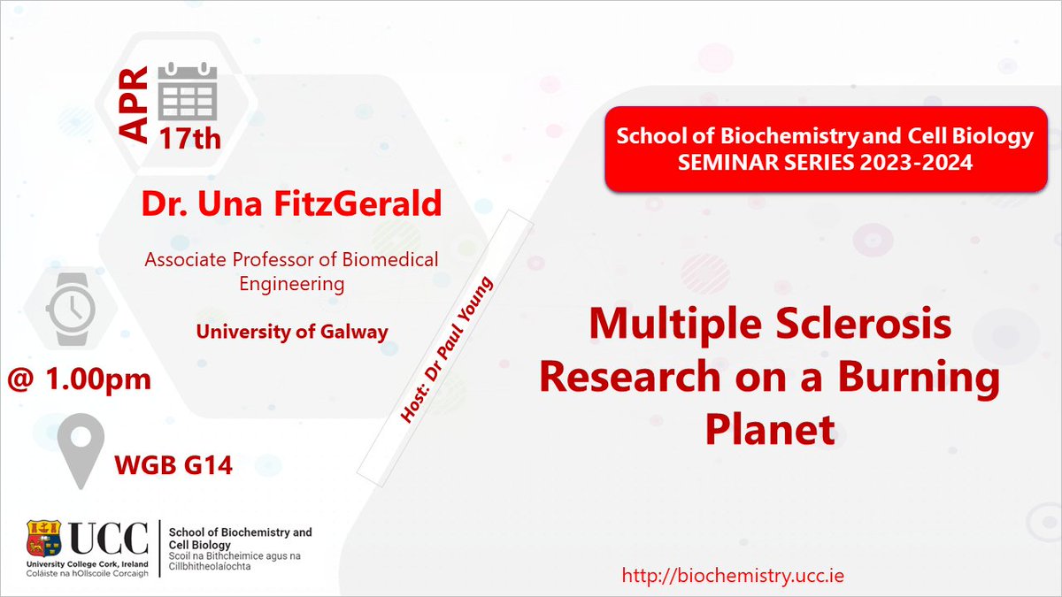 📣Lecture: Multiple Sclerosis Research on a Burning Planet With Dr. Una FitzGerald, Associate Professor of Biomedical Engineering @uniofgalway Host: Dr Paul Young @bioucc 🗓️Wednesday, 17 April 🏢Venue: Western Gateway Building G14 ⏰Time: 1.00pm All welcome!