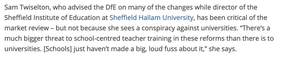 people lost their jobs as a result of teacher education policy reforms. they had their professional expertise and identities annihilated. but here's Sam Twiselton, one of the architects of those reforms, saying that universities were just making a 'big, loud fuss about it'. nice.