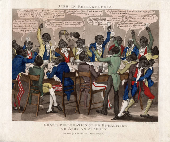 @X 
'Grand celebration ob de bobalition ob African slabery'
Life in Philadelphia
CreatorHarris, L. 1833
The collection provides examples of stereotyping based on race, religion, gender, and other characteristics that have shaped and continue to shape American society.