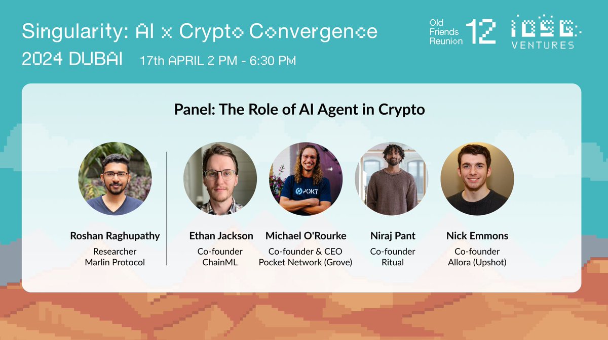 5⃣ Panel: The Role of AI Agent in Crypto Panelists: @ethan_jackson, Co-founder & ML Scientist @chainml_ @o_rourke, Co-founder & CEO of @POKTnetwork @niraj, Co-founder of @ritualnet @nick_emmons, Co-founder of @AlloraNetwork MC: Roshan Raghupathy, Researcher of
