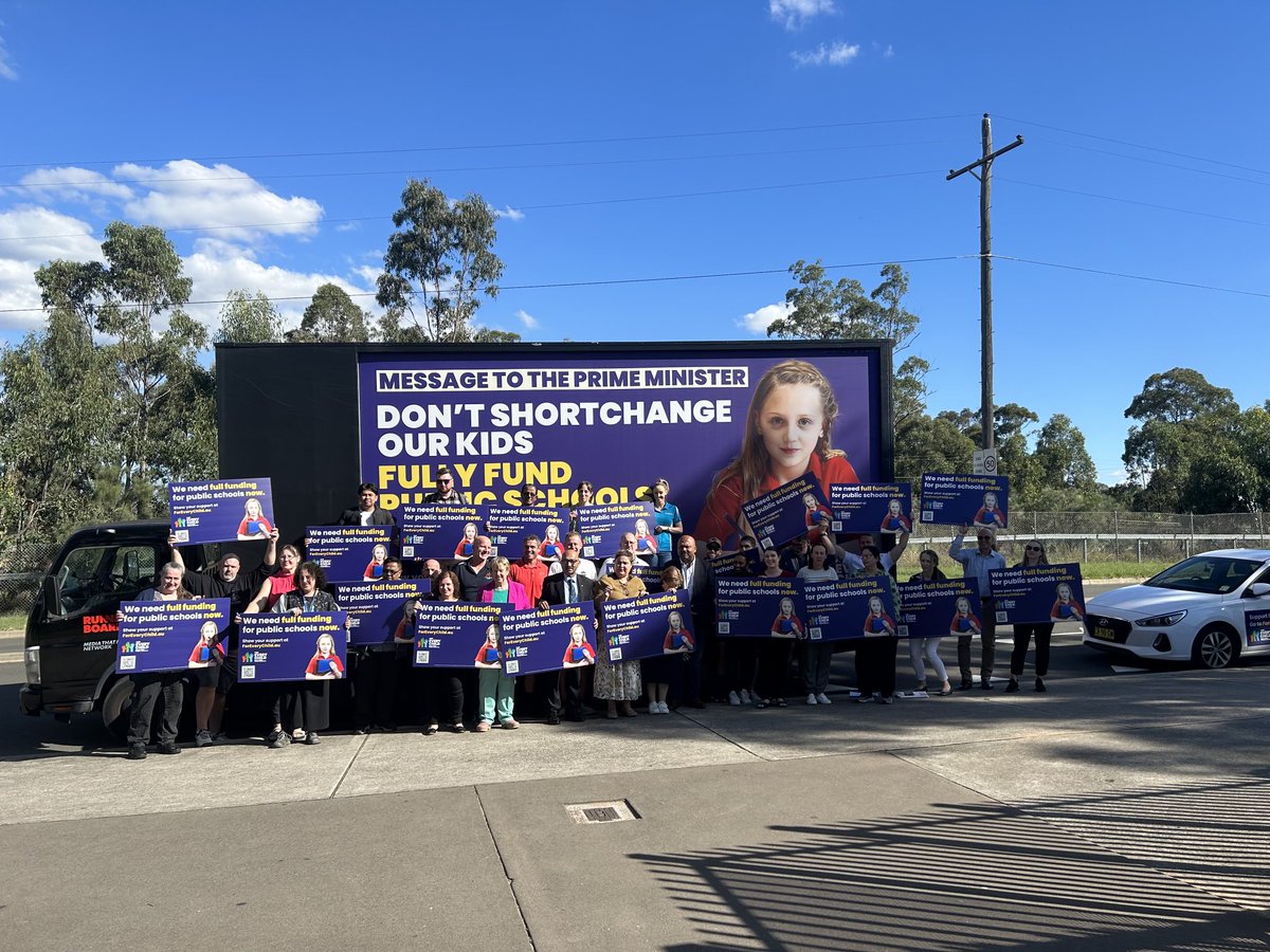 The For Every Child billboard and @teachersfed President @henryrajendra visited Mount Druitt today - first stop Chifley College Senior Campus #foreverychild ⁦@PublicSchoolsAU⁩