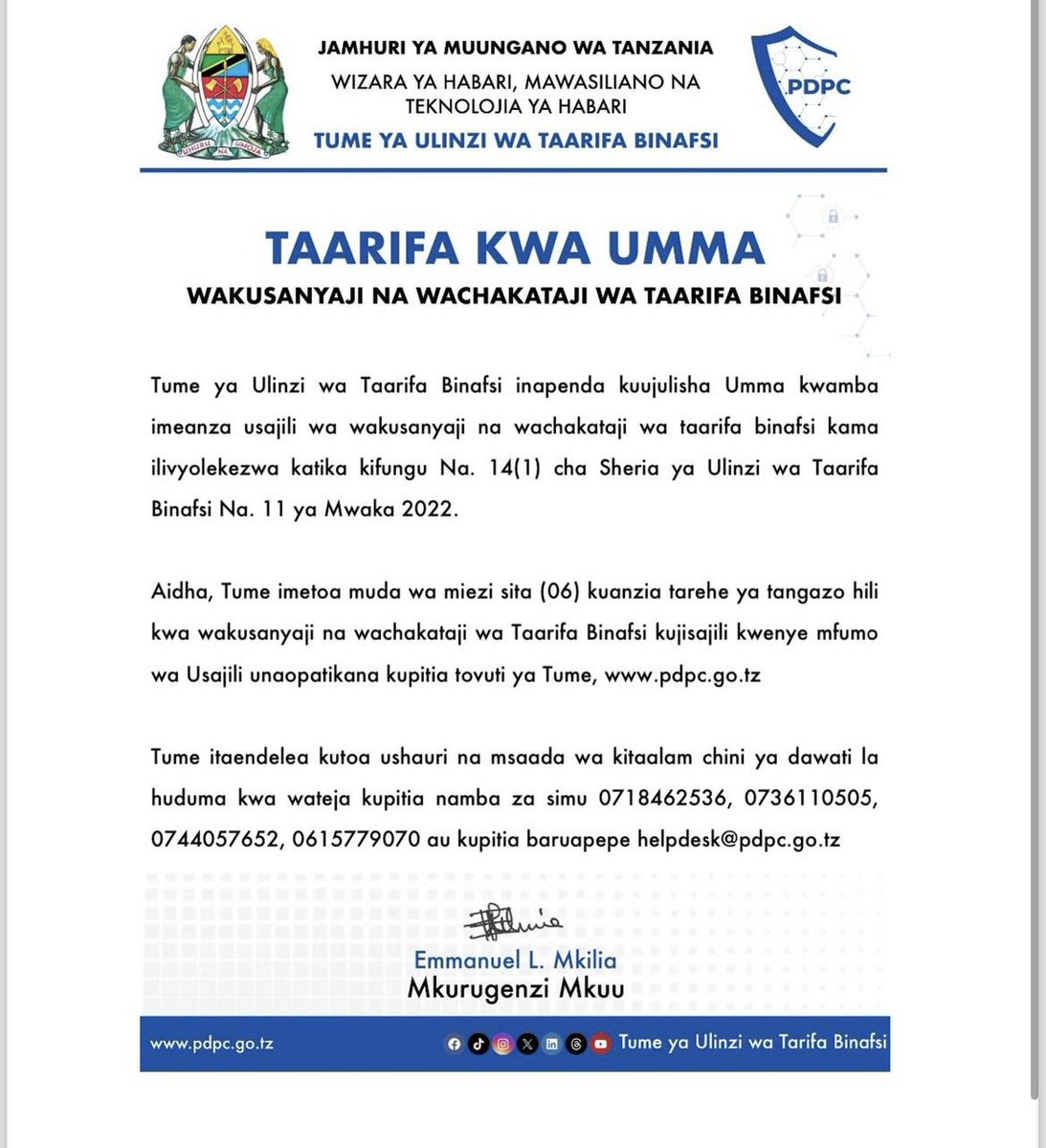 The @pdpc_tz has issued a 6-month timeline for organizations to register as data controllers or data processors.

This registration is mandatory to comply with the Personal Data Protection Act, 2022. #TanzaniaPrivacyProfessional
#ulinziwataarifabinafsi  #personaldataprotection
