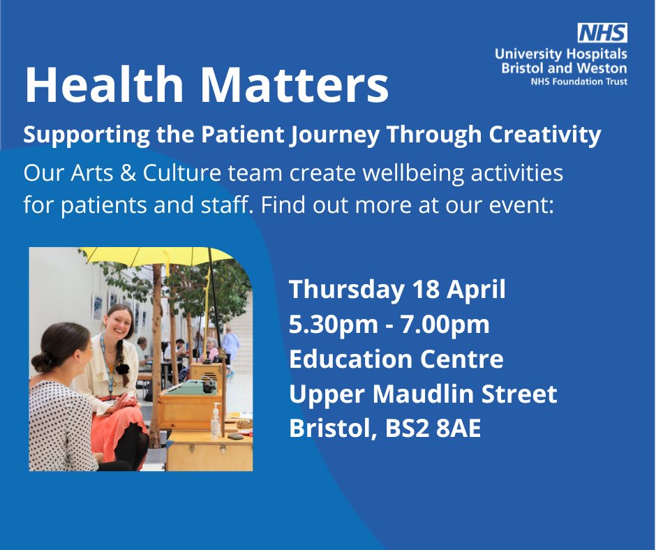 Join us next week at our Health Matters event on Thurs 18 April. Find out how our fantastic @ArtsUHBW team are creatively enhancing patient and staff experiences. We’ll have live music performances and wellbeing activities for you to try.🎨🎹 ➡️ eventbrite.co.uk/e/health-matte…