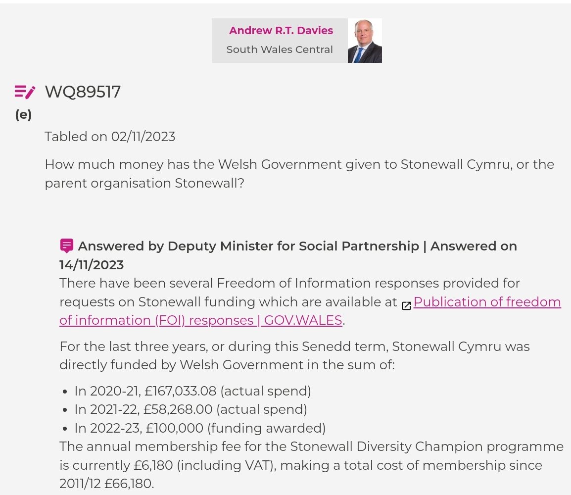 '[Welsh Government's] annual membership fee for Stonewall Diversity Champion programme is currently £6180 making a total cost of membership since 2011-2012, £66180.'  

Screenshot below: sums paid to Stonewall Cymru by Welsh Government.