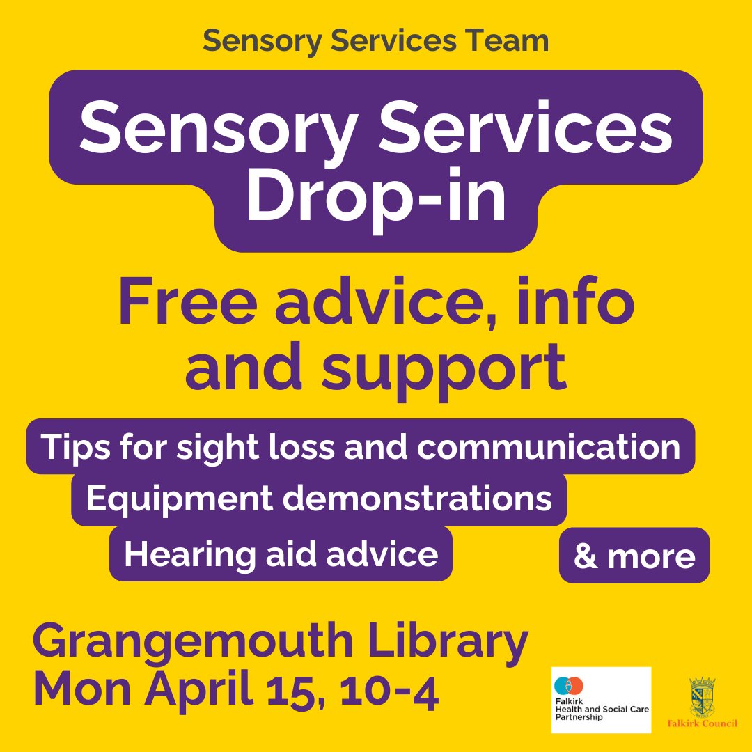 This coming Monday, the Sensory Services Team will be at Grangemouth Library 10am-4pm offering advice and support to anyone with sight or hearing loss.