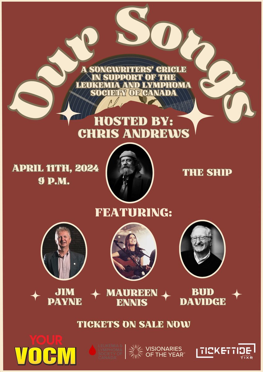Tonight at the Ship Pub! ‘Our Songs’ a songwriters circle for @LLSCanada with Chris Andrews, Jim Payne, Maureen Ennis & Bud Davidge. Tickets available online throughout day or at the door tonight! tixr.com/groups/tickett…