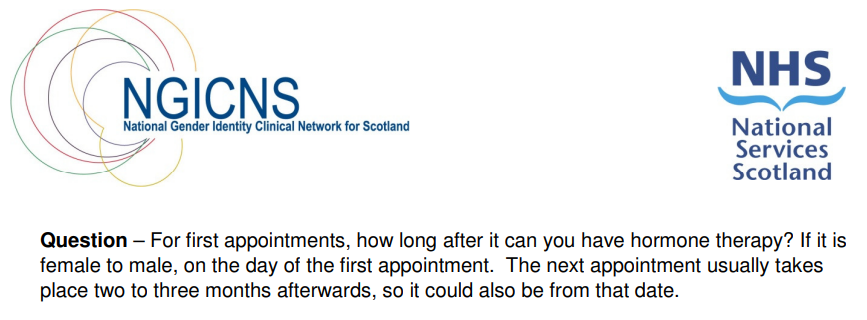 Adult GIC services in England are criticised for how young women 'can be prescribed testosterone after two consultations'. Scotland - of course - goes one better and will dish it out at the first appointment.