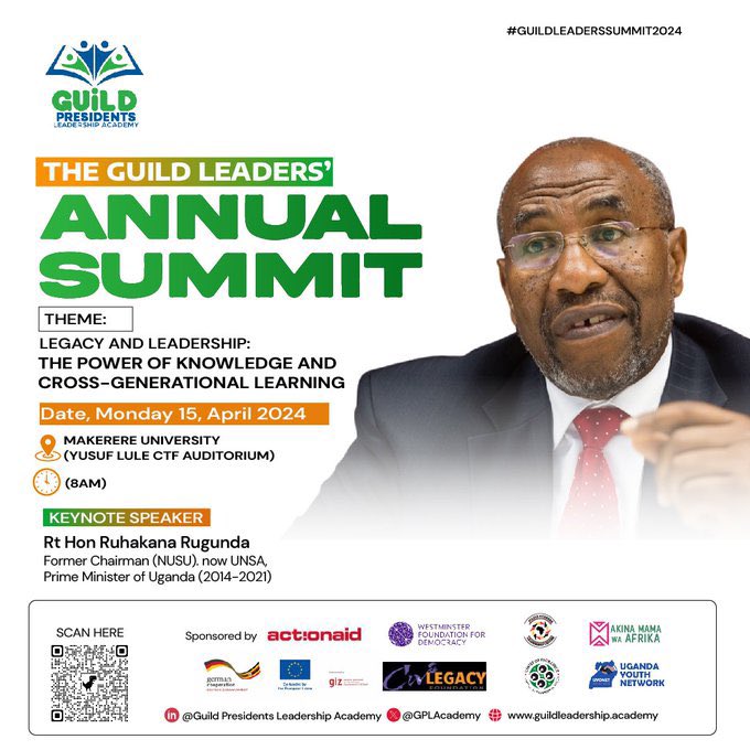 Guild Leaders Summit 2024 #Theme LEGACY AND LEADERSHIP: THE POWER OF KNOWLEDGE AND CROSS-GENERATIONAL LEARNING #ChiefGuest H.E @jmkikwete #KeynoteSpeaker @ruhakanar,@norbertmao,Hon.Mathew Rukikaire & Justice Simon Mugenyi @TheJNLC 🗓️ April 15, 2024 | 8:00 AM 📍Yusuf Lule CTF2