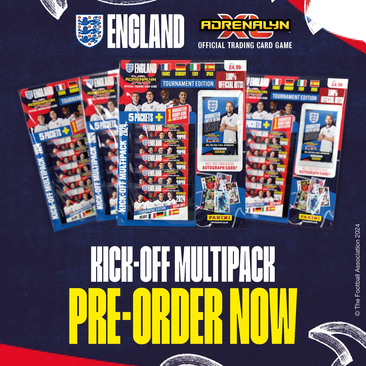 Pre-order now! bit.ly/4aNe5sC Start your collection early with a preview mix of the England Adrenalyn XL™ 2024 Tournament Edition Official Trading Card Game. Each Multipack contains 5 packets, plus the Harry Kane Limited Edition card! Will you find a REAL autograph?