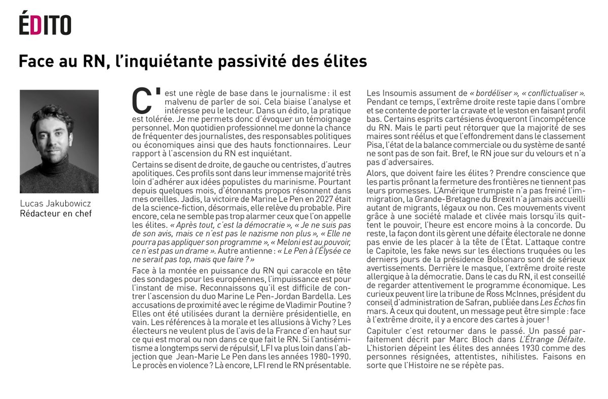 🚨🇫🇷Une partie de l'élite politique, médiatique et économique considère l'arrivée au pouvoir du RN comme inévitable. Elle n'aime pas l'extrême droite mais perd le goût de la combattre. Une étrange défaite pour paraphraser Marc Bloch. A quand le réveil ? decideurs-magazine.com/politique-soci…