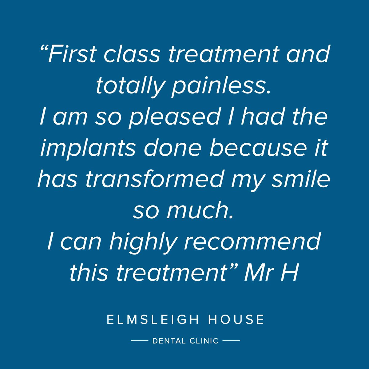 We are delighted to share this feedback following two dental implants placed by Hugh Cowley to replace Mr H's missing upper front teeth, transforming his smile! 

hubs.ly/Q02syt3y0

#ElmsleighDental #dentalimplants #HughCowley #HappyPatient #FarnhamDentist