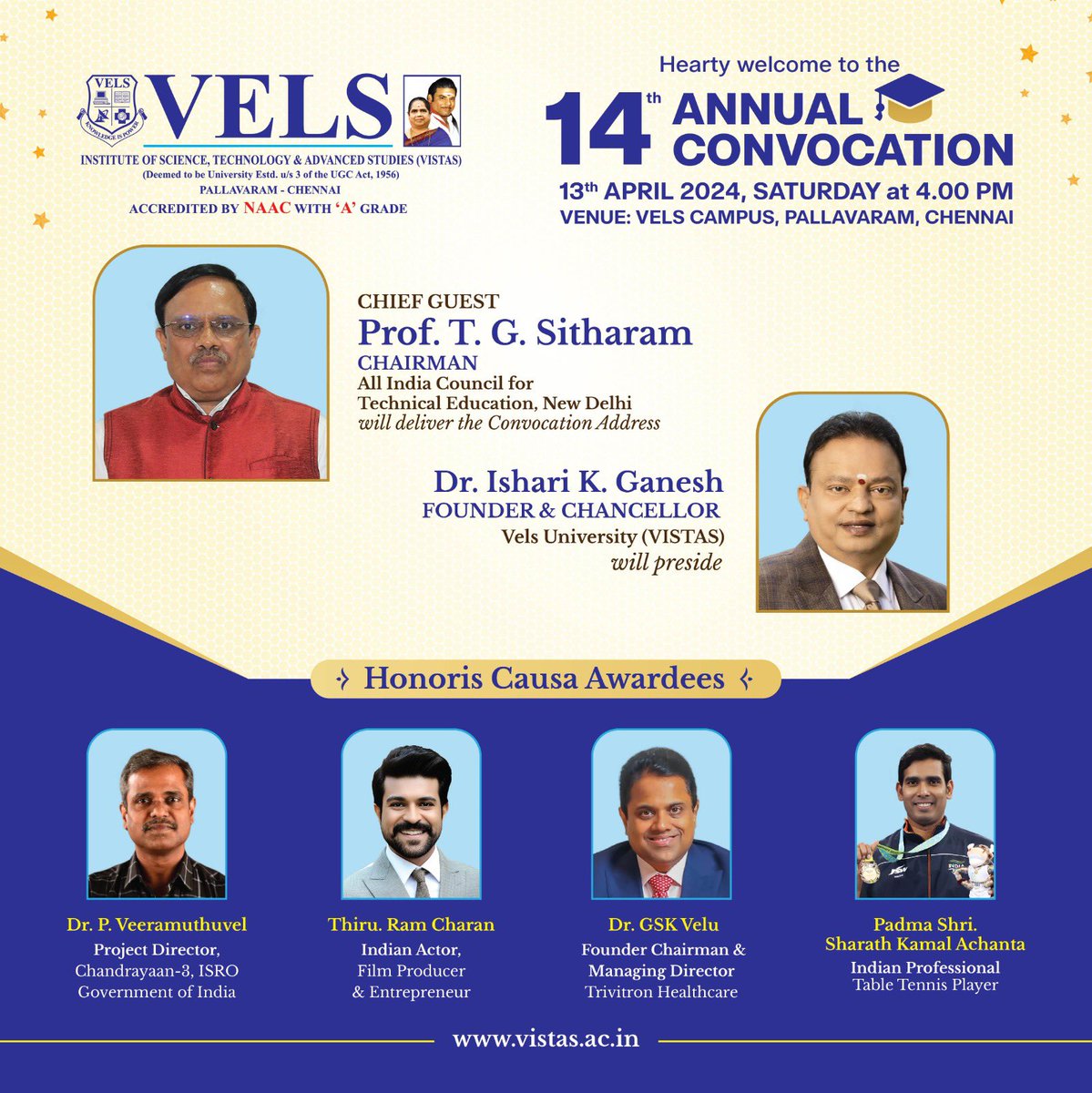 I am happy to inform about VELS University’s esteemed 14th Annual Convocation, happening at the VISTAS Campus on Saturday, 13th April 2024 at 04:00 PM where we will celebrate the outstanding accomplishments of our passing out graduates. Looking forward for an inspiring…