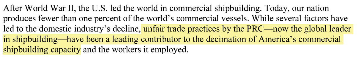 This isn't true. The US stopped exporting ships long before China emerged as a shipbuilding power. If China's shipyards disappeared tomorrow it would have zero bearing on the US shipbuilding industry. China's rise has been at the expense of shipyards in 🇯🇵,🇰🇷, and the 🇪🇺.