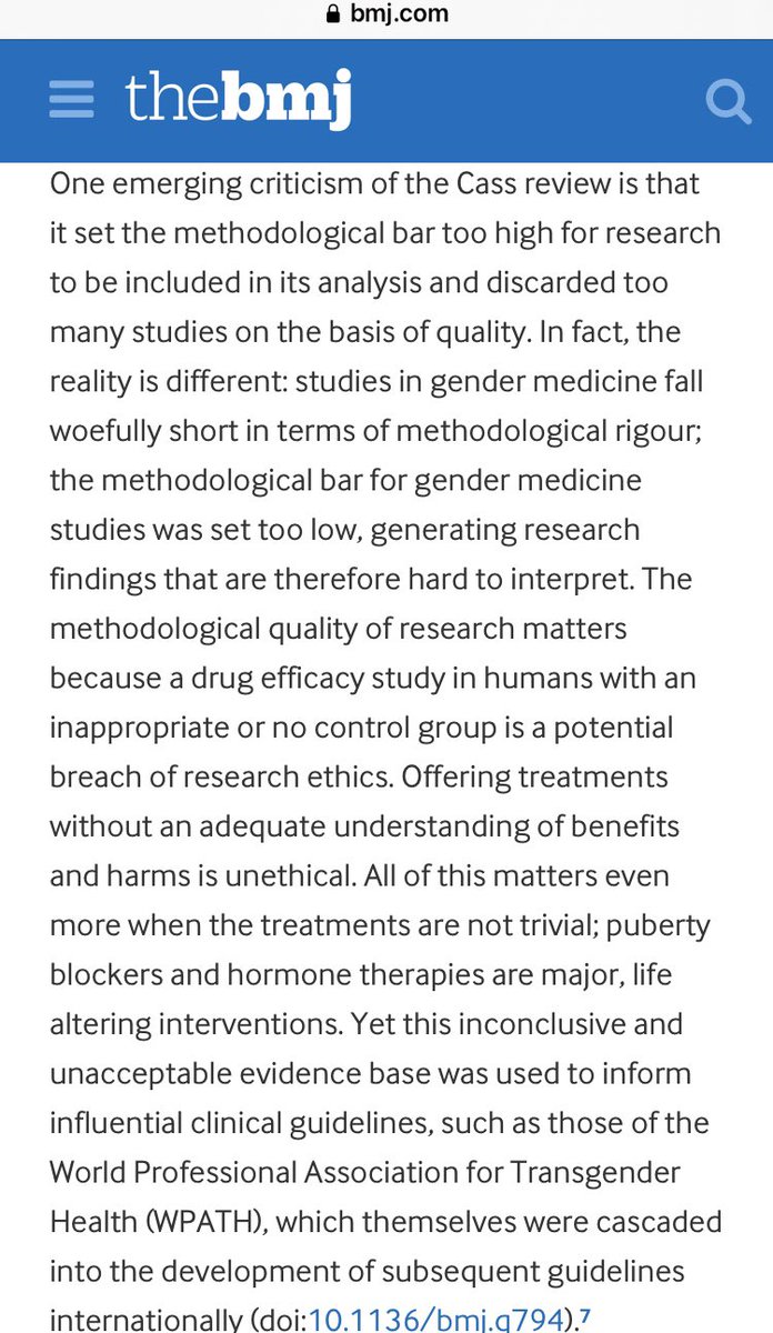 A very important paragraph from The BMJ’s response to the #CassReview is this, which responds directly to trans activists’ claims that positive studies about puberty blockers were overlooked. In fact, those studies were of shockingly poor quality. @bmj_latest