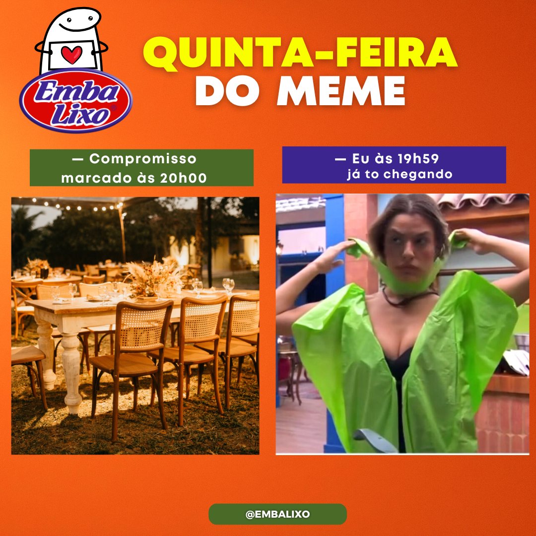 SacoPara's tweet photo. Quinta do meme kkk 😆😆😆😆😆
Mais alguém ai também sempre se atrasa kkkk para os compromissos? kkk
#memes #bbb #beatrizbbb #sacodelixo #sacoparalixo #embalixo #humor #meme #haha #BBB24 https://t.co/UqpTJWOXSQ