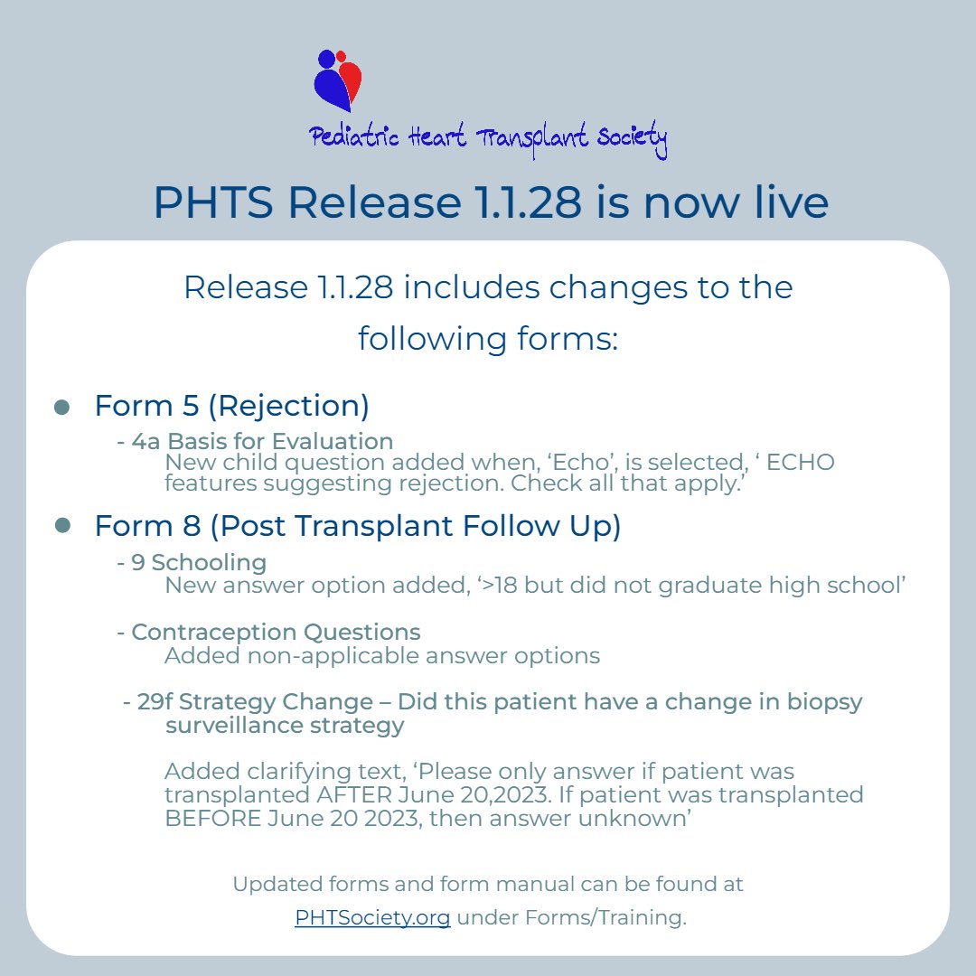 PHTS Release 1.1.28 is now live! Updated forms can be found at PHTSociety.org under Forms/Training.
