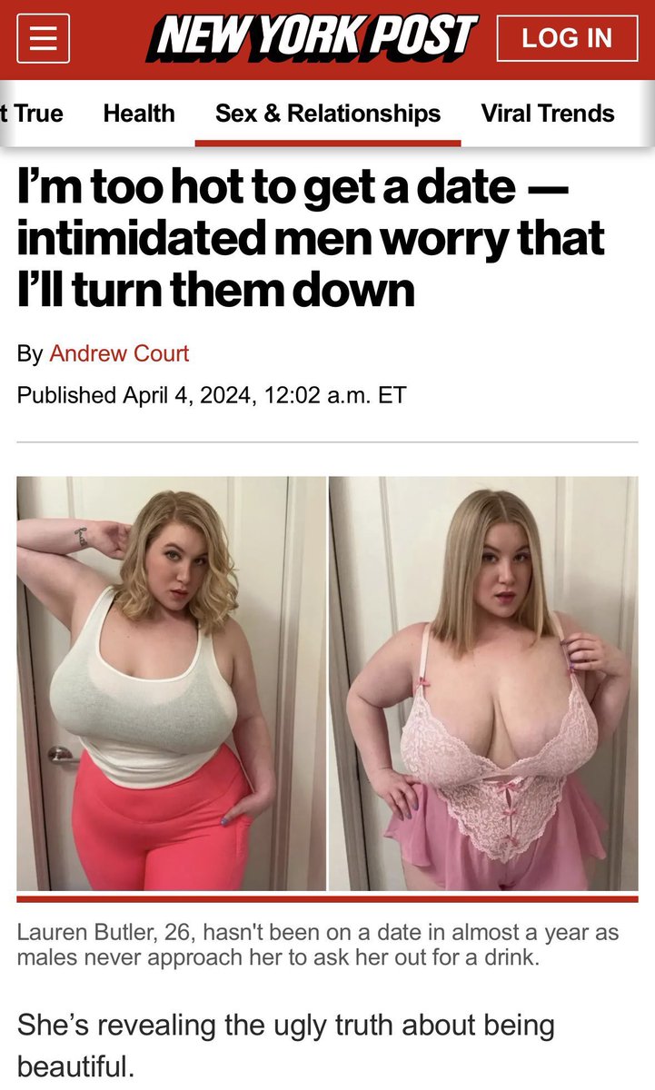 TateTheTalisman's tweet image. Sorry.

Who’s hyping this woman up? It doesn’t fly for us men, men are held brutally accountable.

No grotesque fat man gets headlines stating he’s “too hot to get a date and his curves intimidate”.

This woman is grotesque, even clothed. High quality men want attractive women.