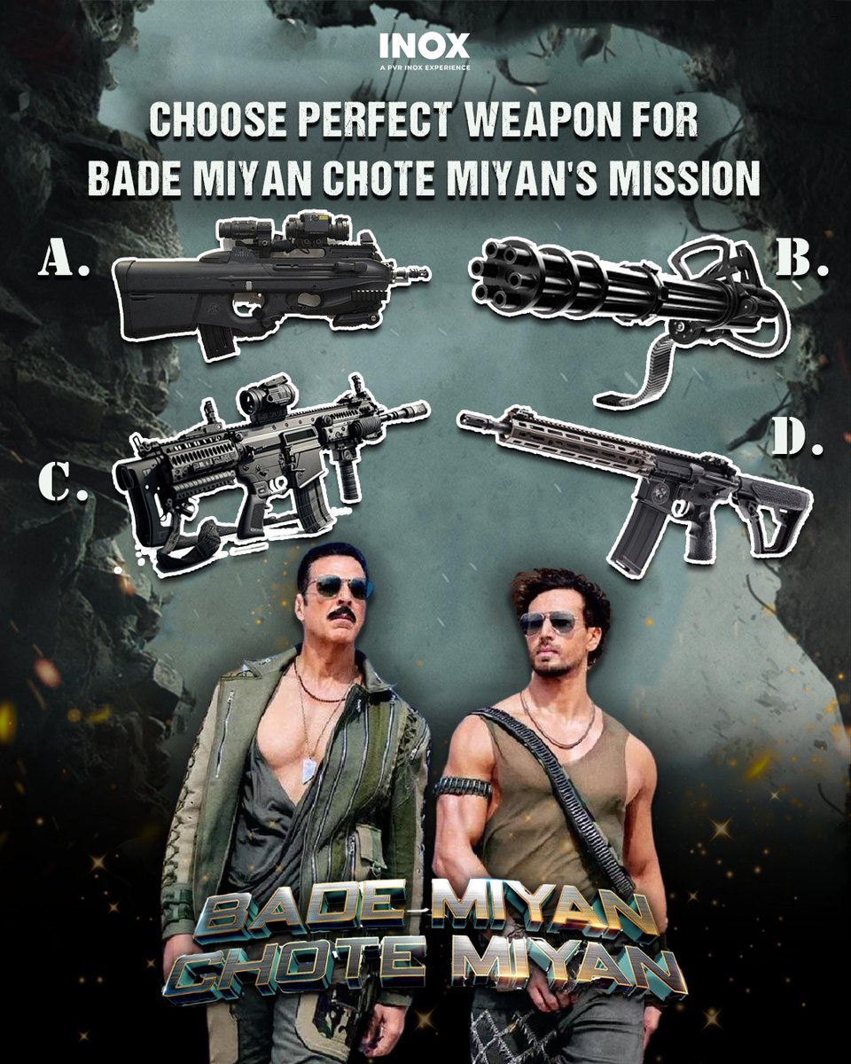 Selecting the ultimate weapon for Bade Miyan Chote Miyan's mission. . What's your pick for this dynamic duo? . Watch #BadeMiyanChoteMiyan now showing at an #INOX near you. Book tickets now: inoxmovies.com . @akshaykumar @iTIGERSHROFF #INOXmovies #EidRelease…