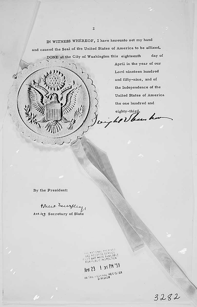 Presidential Proclamation 3282 of April 18, 1959, by President Dwight D. Eisenhower declaring May 1, 1959 Loyalty Day. catalog.archives.gov/id/299972