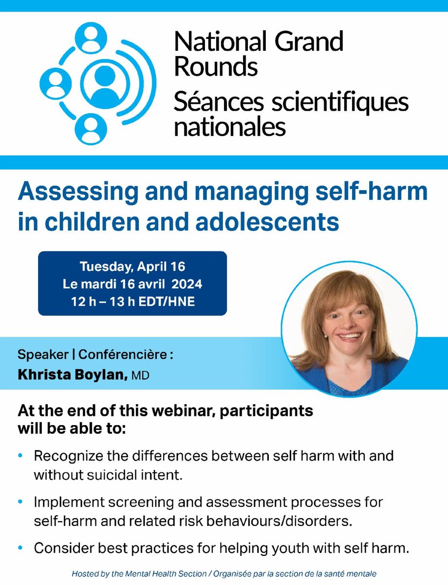 Tune in to the National Grand Rounds to hear Offord Centre Core Member Dr. Khrista Boylan discuss accessing and managing self-harm in #children and #adolescents on April 16th. ⬇️ Register for the #presentation here: us02web.zoom.us/webinar/regist…