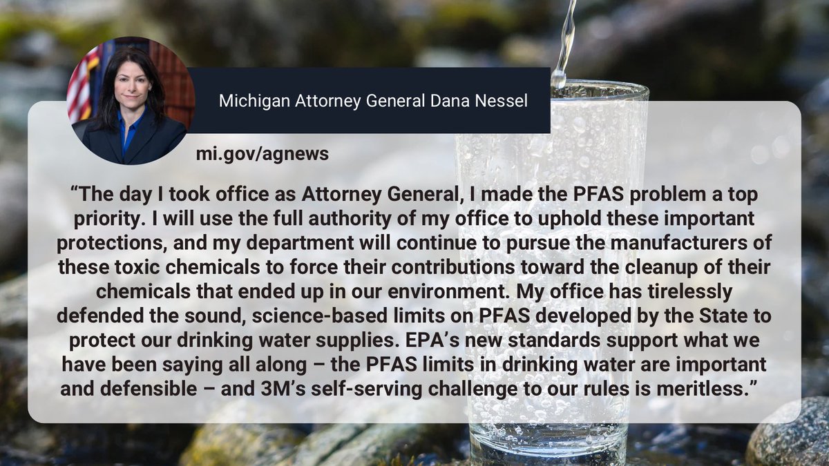 .@MIAttyGen @dananessel released the following statement in support of EPA proposed PFAS drinking water standards. Read more ➡️ michigan.gov/ag/news/press-…