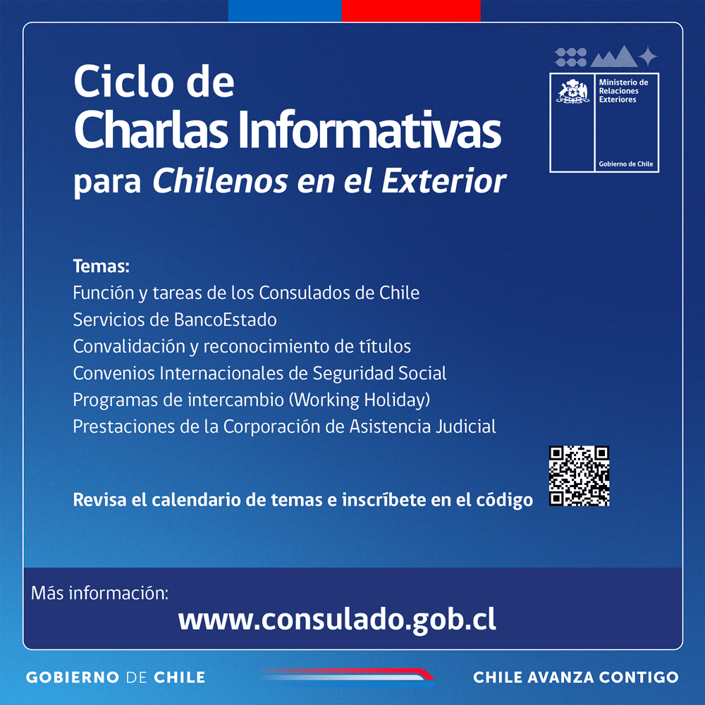 ¿Eres chileno, vives en el extranjero y tienes dudas sobre los trámites disponibles en el Consulado 🇨🇱? HOY 📲 Conéctate a nuestra charla informativa y podrás conocer los servicios de nuestra red Consular. Hora: 16:00 (hora Chile) Inscripciones 👉bit.ly/3U5YDlS