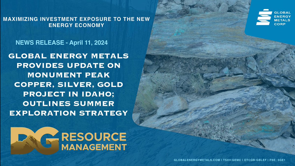 Global Energy Metals Corp. (TSXV:GEMC|OTCQB:GBLEF) (@energymetals) on Twitter photo #GEMC NEWS RELEASE - Monument Peak #Copper #Silver #Gold Project, #Idaho
• Reinterpretation of historical & recent field work conducted by <a href="/DahrougeGeo/">Dahrouge Geological Consulting Ltd.</a>,
• New geological model tied to #Montana Copper Belt,
• Summer exploration strategy outlined,
👉 globalenergymetals.com/news/global-en… #GEMC NEWS RELEASE - Monument Peak #Copper #Silver #Gold Project, #Idaho
• Reinterpretation of historical & recent field work conducted by <a href="/DahrougeGeo/">Dahrouge Geological Consulting Ltd.</a>,
• New geological model tied to #Montana Copper Belt,
• Summer exploration strategy outlined,
👉 globalenergymetals.com/news/global-en…