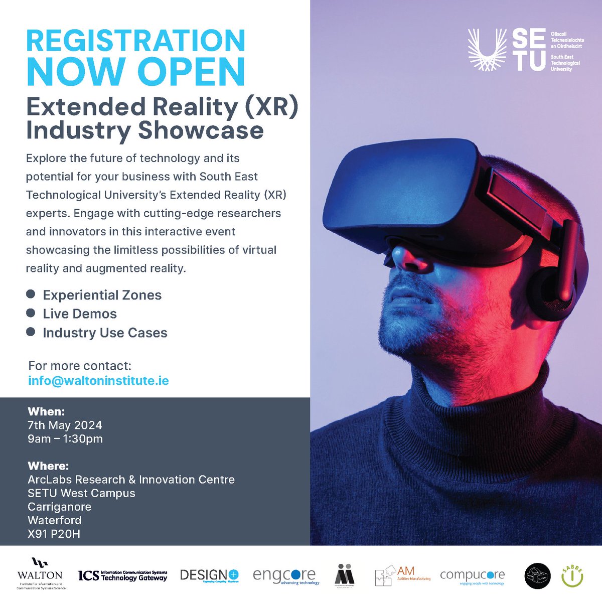 🎉 REGISTRATION NOW OPEN 🎉 We're thrilled to announce the @SETUIreland Extended Reality (XR) Industry Showcase, taking place Tuesday May 7th at 9am-1.30pm at @ArclabsSETU, is now open for registration. Tickets and full agenda are available here: eventbrite.ie/e/setu-xr-indu…. #XR #VR