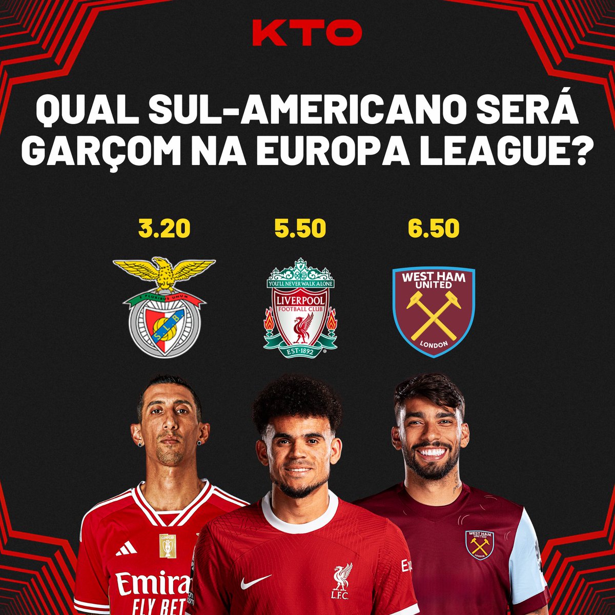 🎩 PALPITE NO MAESTRO DA EUROPA LEAGUE 🎩 Hoje tem quatro jogos nas quartas de final da Europa League e vários sul-americanos estarão em ação! 🌎 Se liga nas odds para Di María, Paquetá e Luis Díaz darem uma assistência! 💰 Qual tem valor? Corre 👉 bit.ly/KTO_TT