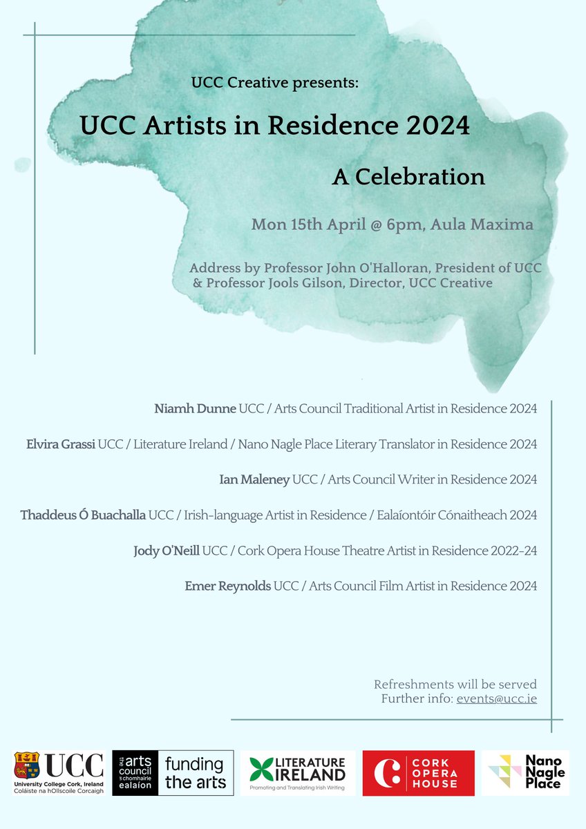University College Cork to host a celebration of Artists in Residence ✨ 🗓️ Mon 15th April 🕠 6pm 📍 Aula Maxima For more information: ucc.ie/en/cacsss/news…
