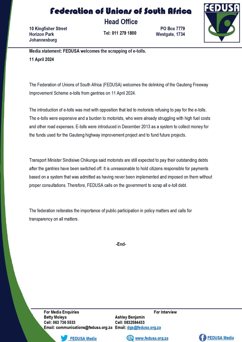 Media statement: The Federation of Unions of South Africa (FEDUSA) welcomes the delinking of the Gauteng Freeway Improvement Scheme e-tolls from gantries on 11 April 2024. #eTolls #FEDUSACares #fedusas27thbirthday