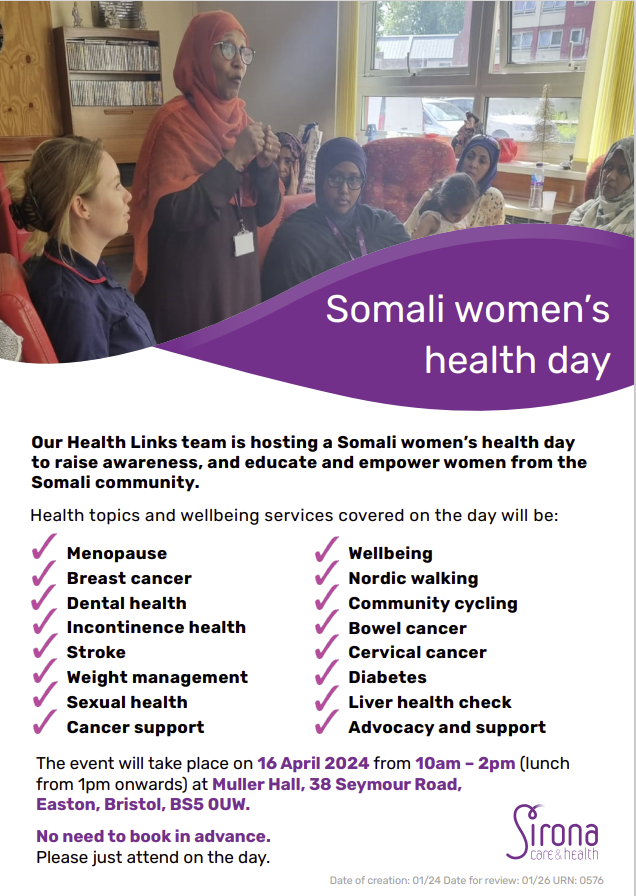 Come along to the Somali Women's Health Day, hosted by our partner @SironaCIC's Health Links team. Find out more about with #weight management, #continence, #diabetes, #menopause, #cancer and many other health & wellbeing issues. 16 April 10am-2pm: Muller Hall, Easton, BS5 0UW