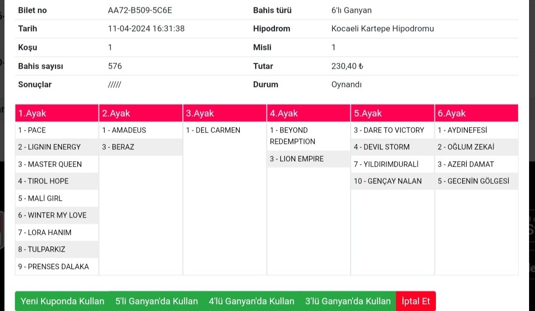 Kocaeli 1.altılısı bende böyle bol şans herkese