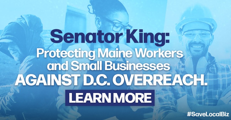 SaveLocalBiz's tweet photo. Thank you to @SenAngusKing for standing with Maine small businesses, voting for the CRA to overturn the #JobKillingJointEmployer rule! Your commitment will help us #SaveLocalBiz https://t.co/BO4umS2Rpp