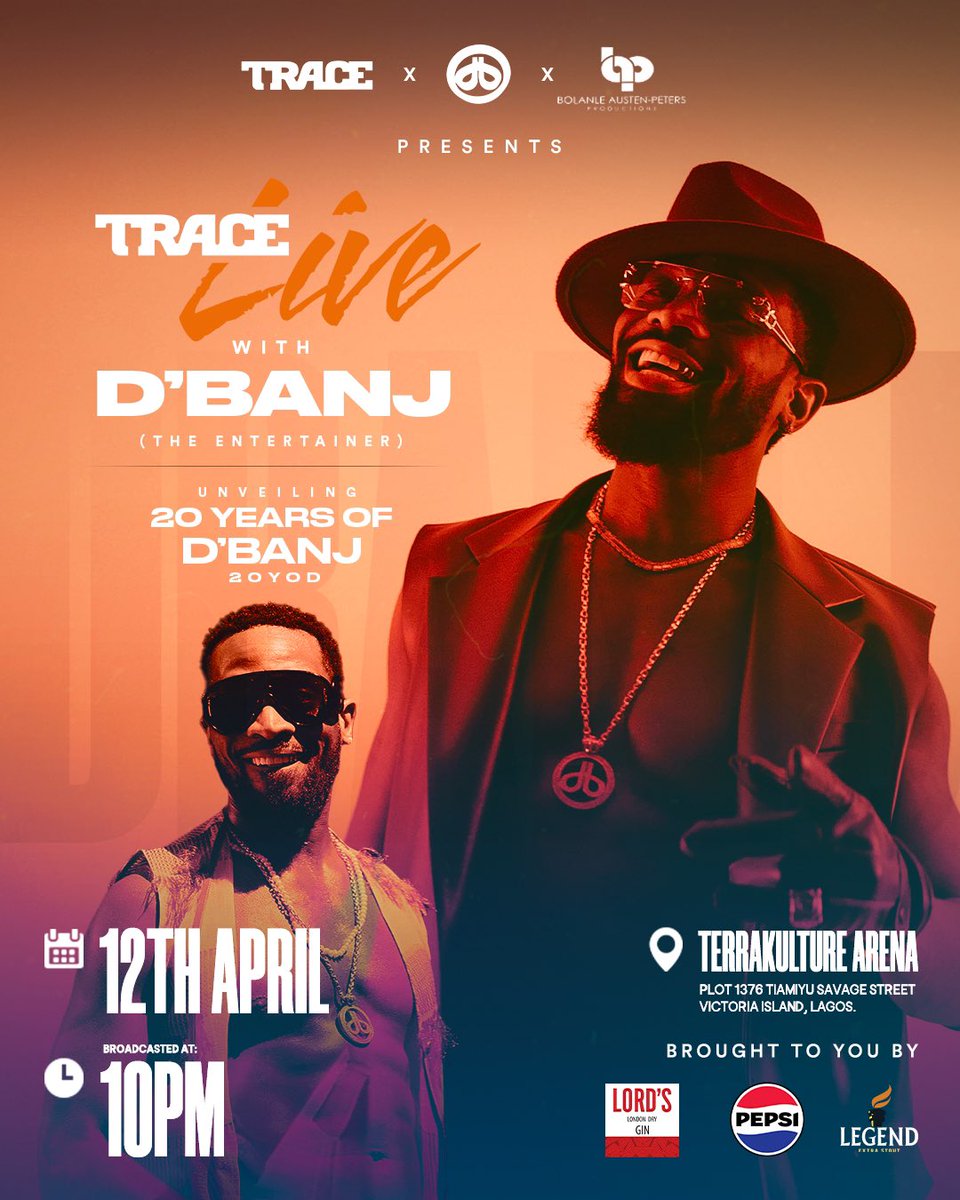 Reminder to tune in to #TraceLive with D’Banj on TRACE Africa DStv channel 326 📺💚 Unveiling 20 years of @iamdbanj with special guest performances by @IamShody & @THEREAL_PENCIL