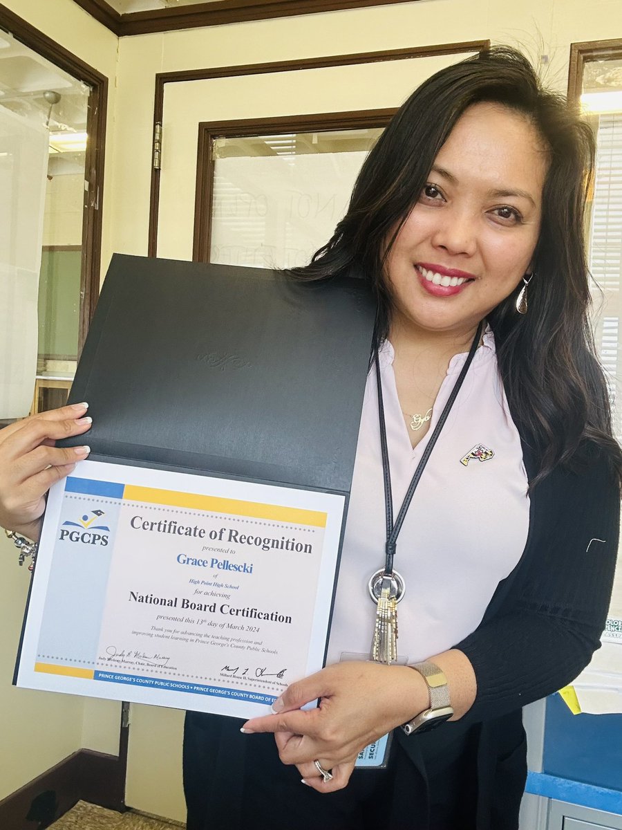 Congratulations to our ELD Dept. chair and soon to be Dr. Grace Pelliscki for earning her National Board Certification! Your hard work and dedication to education are truly inspiring. #TeacherAppreciation #CertificationAchievement #Education @pgcpsnbct1 
@pgcps @DrCMarrow…