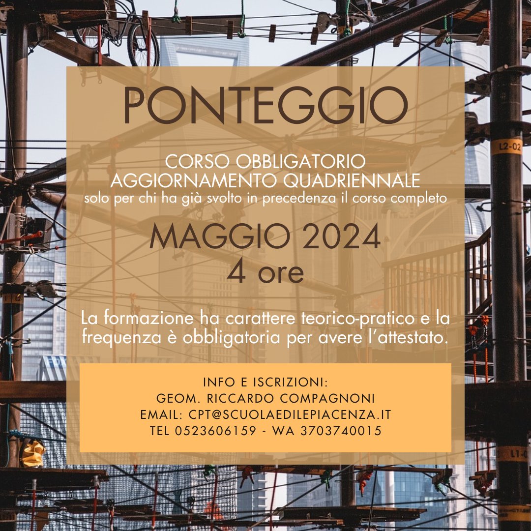 📌 Corso OBBLIGATORIO di Aggiornamento Quadriennale su PONTEGGIO per chi ha già svolto il corso completo.

📅 MAGGIO 2024 - 4 ore

INFO:
👉 GEOM. RICCARDO COMPAGNONI
EMAIL: cpt@scuolaedilepiacenza.it
TEL 0523606159
WHATSAPP 370 374 0015

#edilizia #sicurezzacantieri #ponteggi